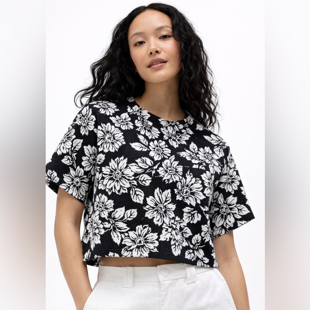 Anthropologie Maeve Jacquard Knit Floral Black White Women's Crop Top XXS